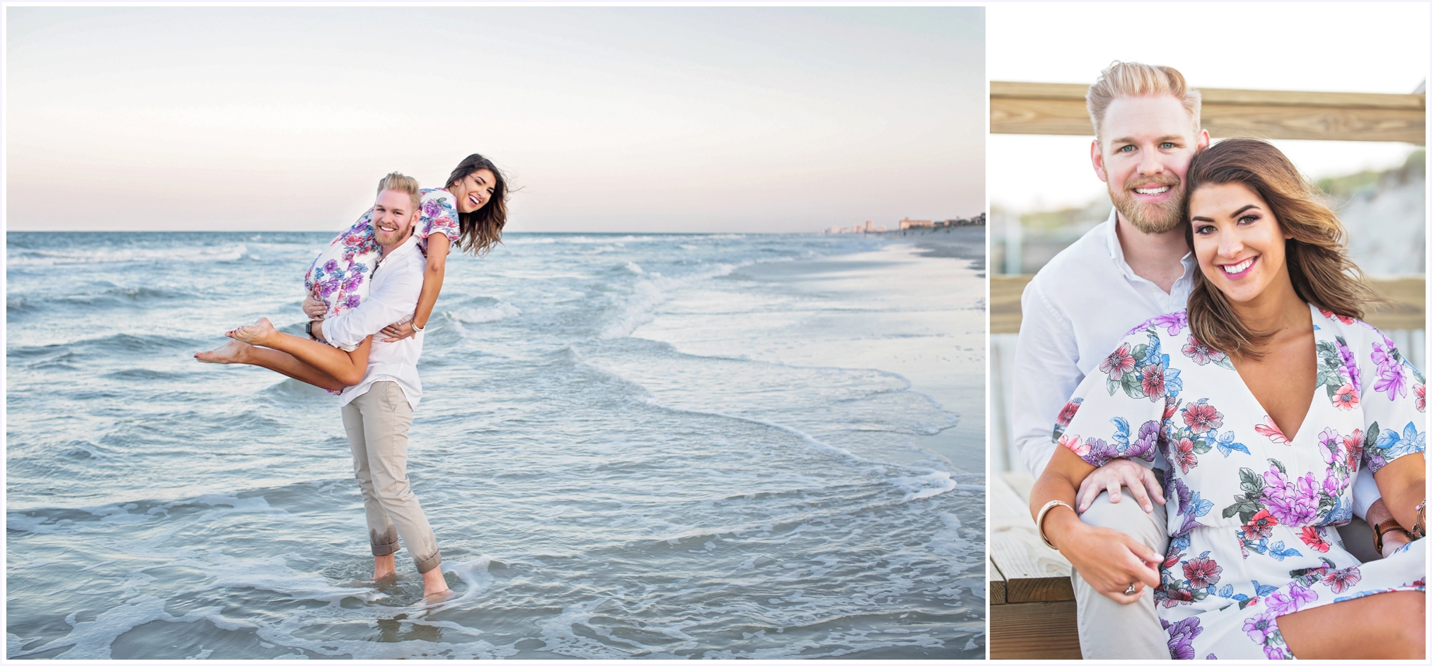 Alex carries Jen on beach during sunset | Angelface Photography North Florida Engagement Session at Atlantic Beach