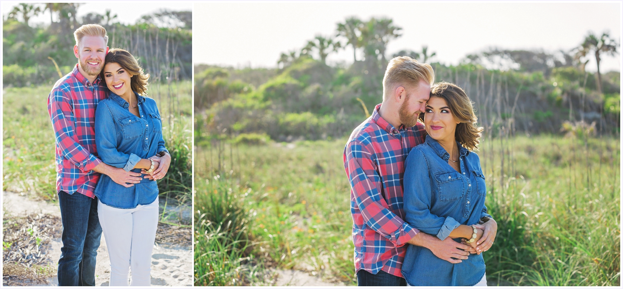 Jen & Alex smiling in field | Angelface Photography North Florida Engagement Session at Hanna Park